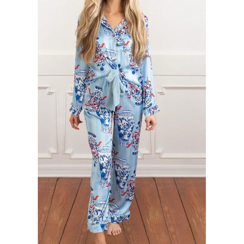 8 Oak Lane Ginger Jar Stripe Satin Long PJ Set