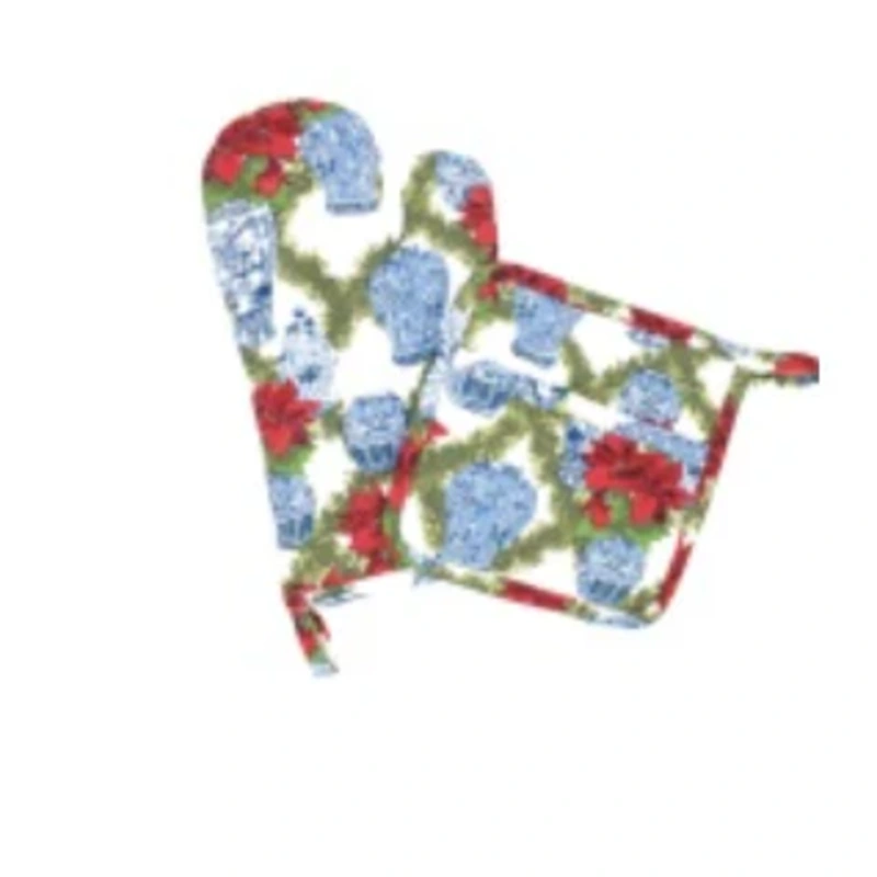 8 Oak Lane Poinsettia and Chinoiserie Oven Mitt Set