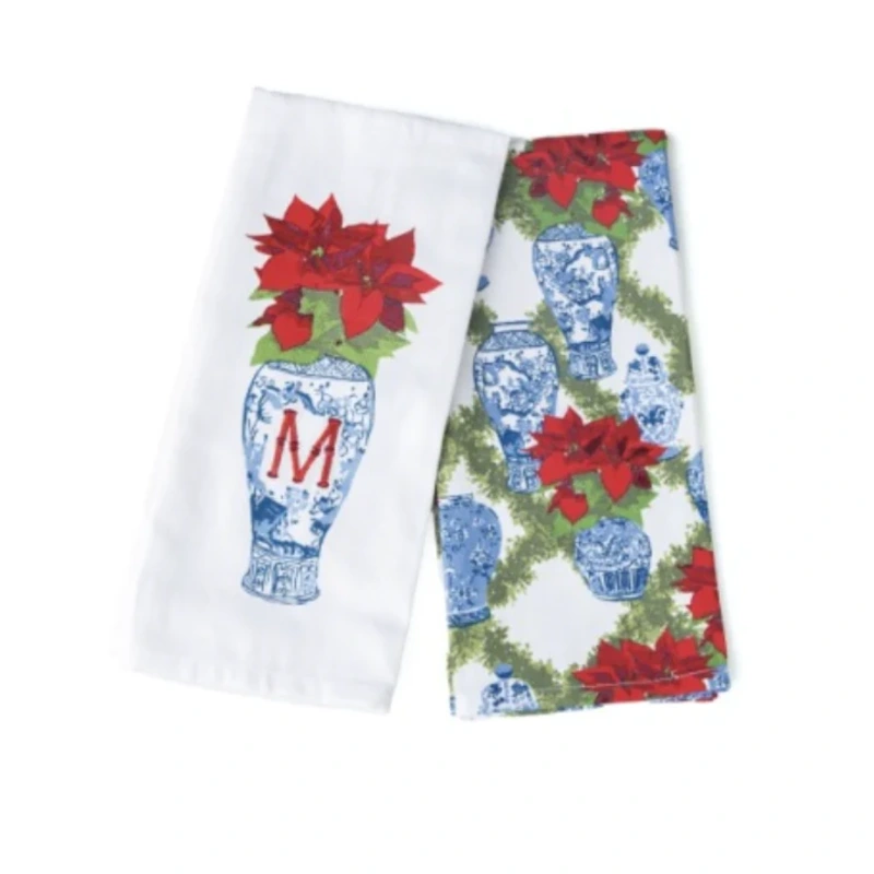 8 Oak Lane Poinsettia Initial Chinoiserie Towel Set