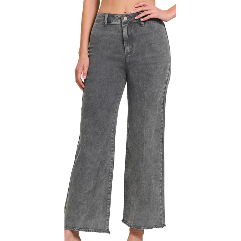 Acid Wash Fray Hem Wide Leg Pants