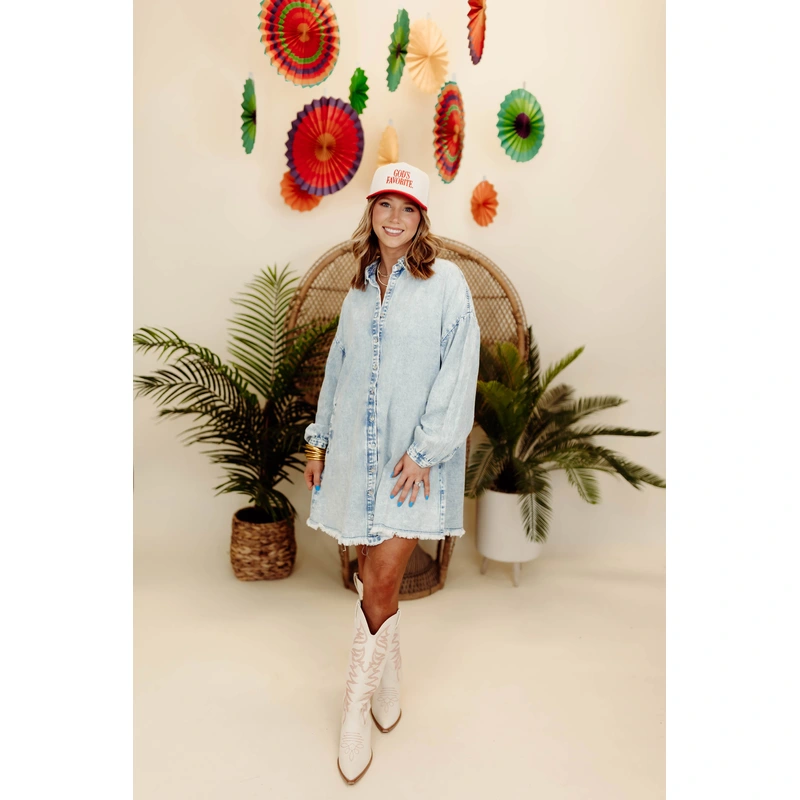 Acid Wash Light Denim Puff Sleeve Button Down Dress