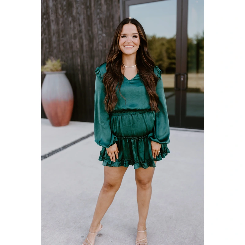 Adrienne Malachite Green Satin Long Sleeve Ruffle Dress