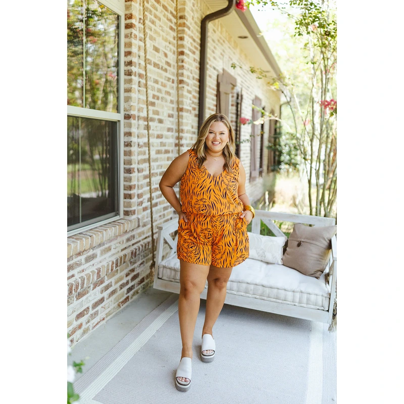 Adrienne Navy and Orange Tiger Print Sleeveless Pocket Romper